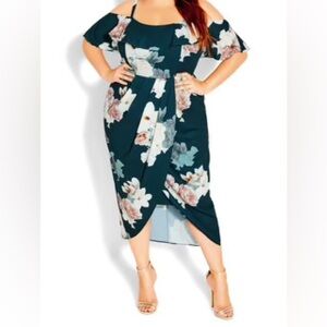 City Chic Dark Emerald Green Pink Floral Maxi Dress